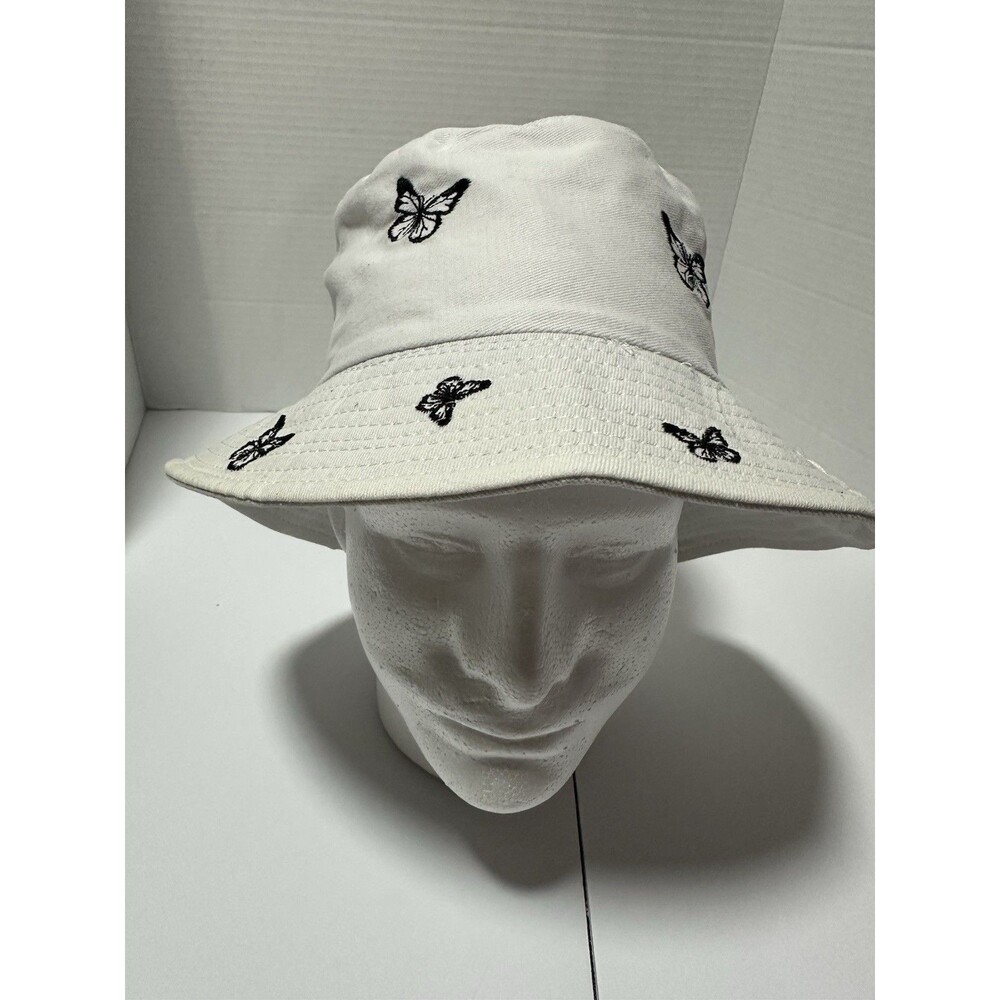 Butterfly Embroidered Reversible Bucket Hat - White/Black - Summer Sun Hat